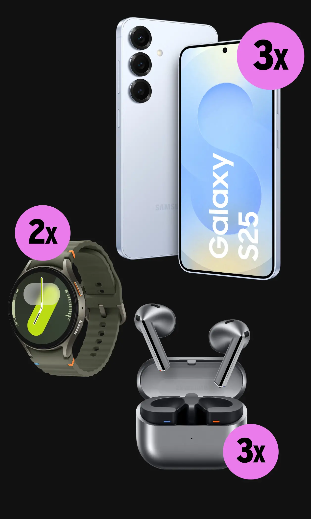 3x Samsung Galaxy S25, 2x Samsung Galaxy Watch 7, 3x Samsung Galaxy Buds3